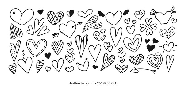 Doodle hearts set. Isolated different line art elements with black strokes. Cute hand drawn hearts for birthday, Valentine's day. Sketch collection on white background. Vector illustrations.