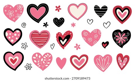 Doodle hearts set in pink, red and black. Hand-drawn cute decorative heart shapes with stripes, dots, flowers, outlines and sketch elements. Perfect for Valentines Day, romantic cards, stickers.