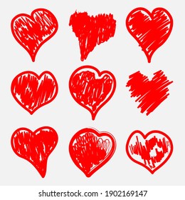 Corazones de perro. Un conjunto de corazones rojos dibujados por la mano. Colección de un símbolo de amor. Diseño web. Estilo plano. Ilustraciones vectoriales.