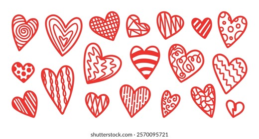 Doodle hearts set for Valentine's day. Hand drawn patterned cute red hearts. Decorative elements for romantic template, greeting cards, stickers. Baby doodle heart. Love and Valentines day concept. 