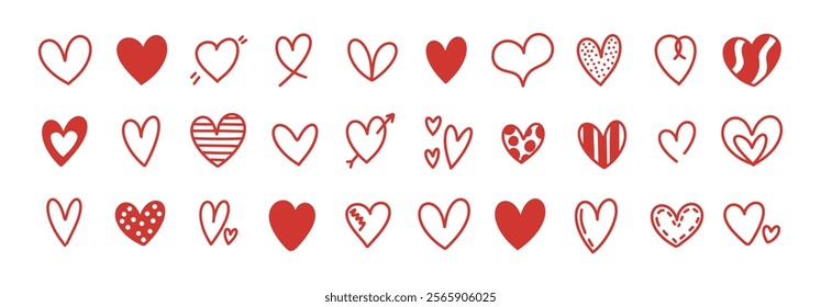 Doodle hearts sketch set. Various different hand drawn heart icon love collection isolated on white background. Red heart symbol for Valentines Day.