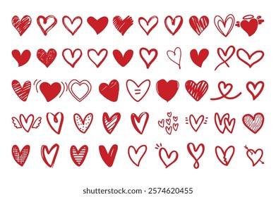 Doodle hearts sketch set. Various different hand drawn heart icon love collection isolated on white background. Red heart symbol for Valentines Day.