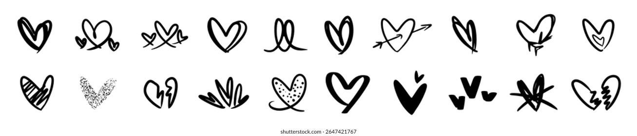 Doodle hearts sketch set. Various different hand drawn heart icon love collection isolated on white background.