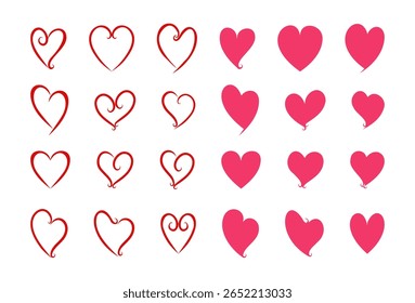 Doodle hearts sketch set. Various different hand drawn heart icon love collection isolated on white background. Red heart symbol for Valentines Day.