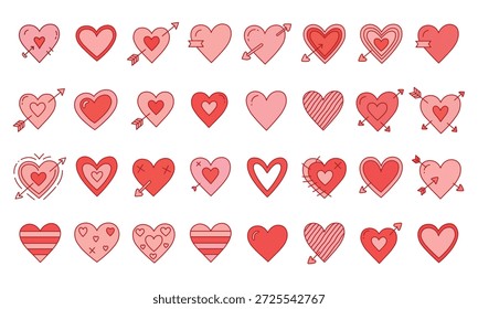 Conjunto de croquis de corazones Doodle. Diversa colección de amor del icono del corazón dibujado a mano aislado en el fondo blanco. Símbolo de corazón rojo para el día de San Valentín.