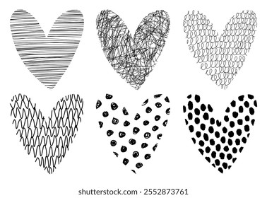 Doodle Hearts In The Style Of a Child's Naive Drawing. Pack Of Hand Drawn Hearts. Black Carelessly Scribbled Hearts On A White Background.  Vector Illustration with Childish Drawing of Love Symbol.