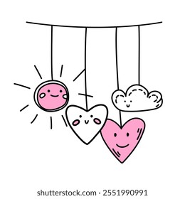 Doodle hearts, a sun, and a cloud on strings is perfect for Valentine Day cards, romantic designs, baby-themed decorations, or cheerful creative projects. Vector illustration