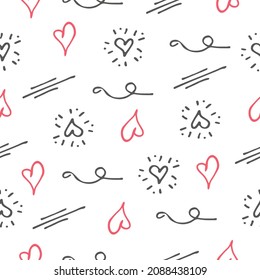 Doodle hearts and underlines seamless pattern. Black and red elements on white background. Vector illustration