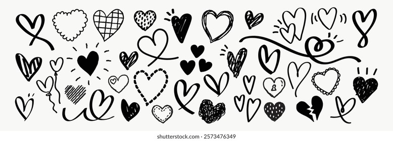 Doodle hearts in various styles. Hand-drawn hearts, playful heart designs, and cute heart sketches. Perfect for love-themed projects and heart illustrations. Hand drawn Valentine's Day vector set.