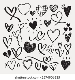 Doodle hearts in various styles. Hand-drawn hearts, playful heart designs, creative heart shapes. Heart patterns, doodles, unique heart sketches. Hand drawn Valentine's Day vector set.