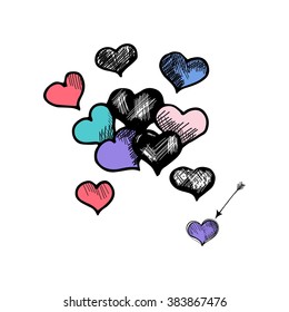 Doodle hearts. Vector sketch of hand drawn colorful hearts 