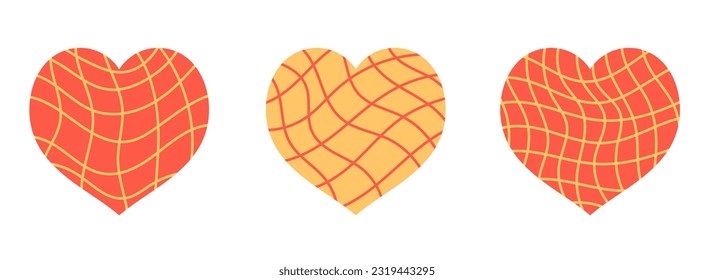Doodle hearts with wavy grid. Collection of hand drawn hearts with trendy distorted line texture. Vector illustration.