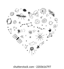 Doodle heart-shaped cosmos illustration set in childish style, design clipart. Hand drawn abstract space elements. Black and white. Vector line print, banner, poster.