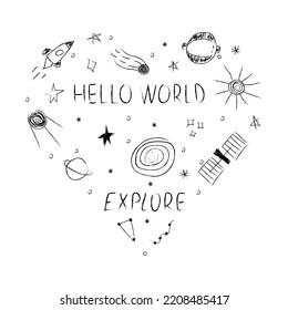 Doodle heart-shaped cosmos illustration set in childish style with lettering, design clipart. Hand drawn abstract space elements. Black and white.  Vector line print, banner, poster.