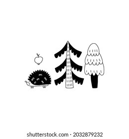 Doodle hedgehog. Hand drawn line scandinavian style black and white print, cute scandi forest animal, kids t-shirt and nursery design woodland vector isolated illustration