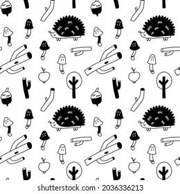 Doodle Hedgehog Seamless Patten. Hand Drawn Line Scandinavian Style Black And White Background, Cute Scandi Forest Animal, Kids Nursery Design. Decor Textile, Wrapping Paper Wallpaper Vector Print