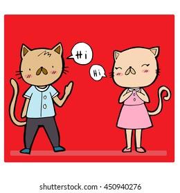 Doodle Hello, greetings cat Bright colorful vector