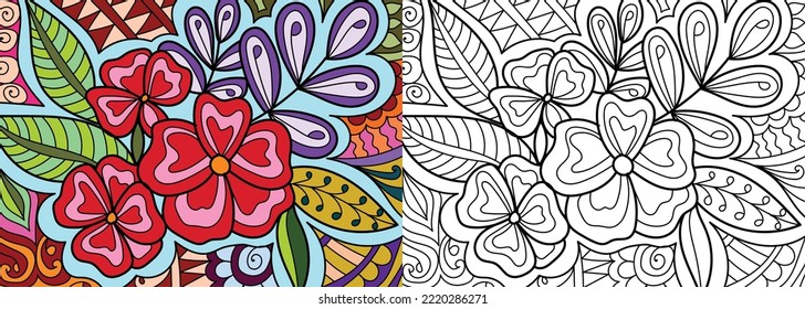 Doodle henna design floral coloring book pages for adults vector illustration