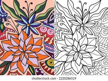 Doodle henna design floral coloring book pages for adults vector illustration