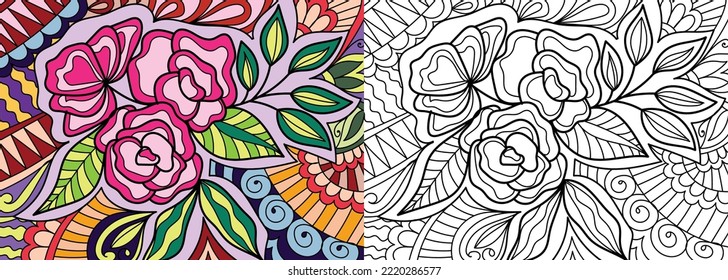 Doodle henna design floral coloring book pages for adults vector illustration