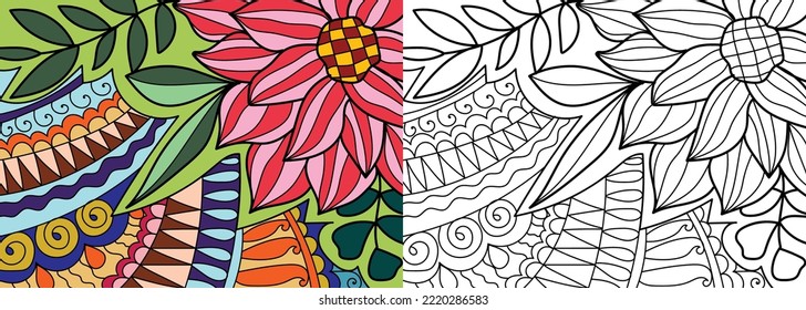 Doodle henna design floral coloring book pages for adults vector illustration