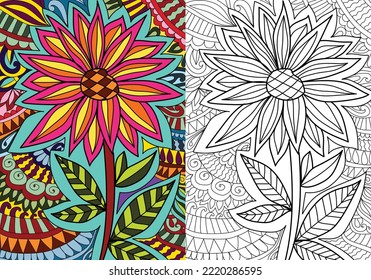 Doodle henna design floral coloring book pages for adults vector illustration