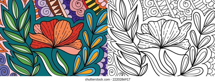 Doodle henna design floral coloring book pages for adults vector illustration