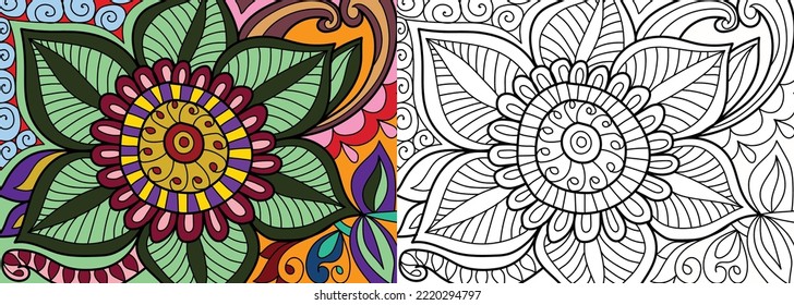 Doodle henna design floral coloring book pages for adults vector illustration