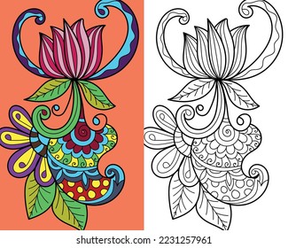 Doodle henna design floral coloring book page for adults vector illustration