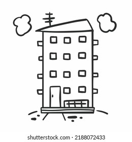 Doodle High-rise Building Vector Illustration. Simple Hand Drawn Apartment, Real Estate Art In Trendy Cartoon Outline Style