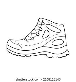 Doodle Hiking shoes. A blue shoe for tourist trips with a special tread on the sole. Equipment for tourism, travel, picnic, hiking, sports.Outline black and white vector illustration isolated on white