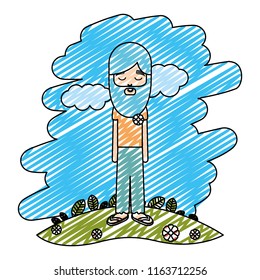 doodle hippie man with long beard in the landscape