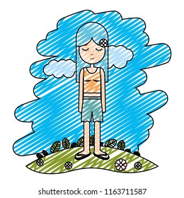 doodle hippie woman with flower in the head and landscape