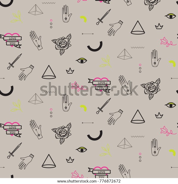 Doodle Hipster Flash Tattoo Style Seamless Stock Vector Royalty Free 776872672