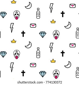 Doodle hipster lightning, skull eye and diamond seamless vector pattern. Simple outline tattoo style background.