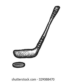 doodle hockey stick and puck, vector illustration icon 