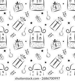 Padrão sem emenda do feriado do Doodle, Padrão de esboço, Fundo de Natal desenhado à mão