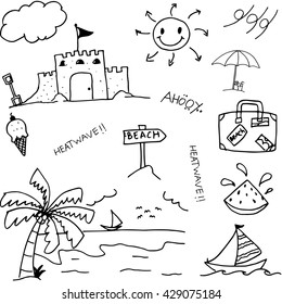 Doodle of holiday set in beach black and white