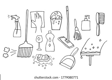 Doodle home cleaning utensils icons set in vector. Hand drawn home cleaning utensils icon set in vector. Collection of doodle home cleaning icons. 