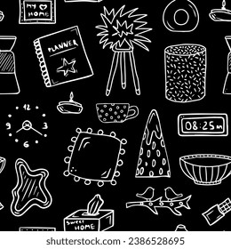 Doodle home decor interior pattern. Seamless background with house design accessories, lamp, candle, pillow, cup, clock, mirror, pouf
