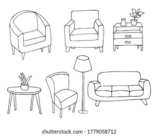 Doodle home furniture icons collection in vector. Hand drawn home furniture collection in vector. Set of doodle home furniture icons in vector