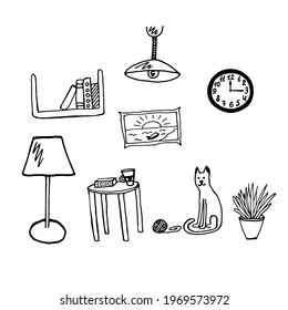 Doodle home furniture icons collection in vector. Hand drawn home furniture collection in vector. Set of doodle home furniture icons in vector