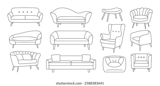 Doodle home furniture icons. Hand drawn sofa couch chair sketches, line living room interior furniture elements, outline decorative divan cushion armchair. Vector furniture set