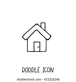 Doodle home icon in retro style. Architecture, construction, village, homepage.