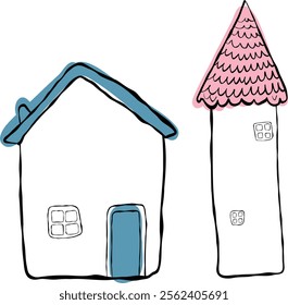 Doodle home set - cartoon style vector illustration. Children's illustration, vector hand drawn illustration, ink imitation