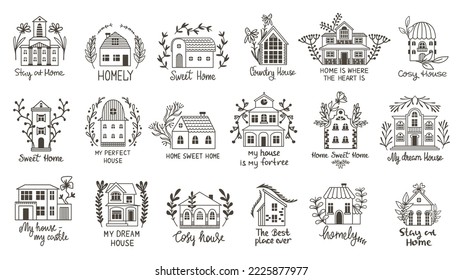 Doodle homes graphic logo. Cottage vintage style with plants, tiny hand drawn houses. Village buildings, architecture nature elements. Neoteric cute vector home