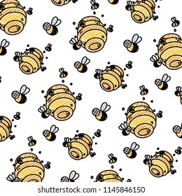 doodle honeycomb with bees insects flying background