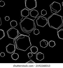 Doodle honeycombs seamless pattern line drawing,vector.Hexagons seamless texture on black .Modern abstract background with honeycombs.Design template,print,wallpaper,web background,fabric