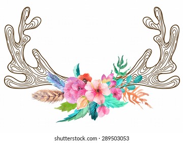 Doodle horns with watercolor flowers and feathers, seamless pattern, Vector