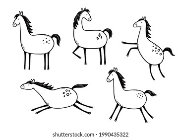 Doodle horse set. Hand drawn sketch style. Cute horse for kids, children vector illustration.
